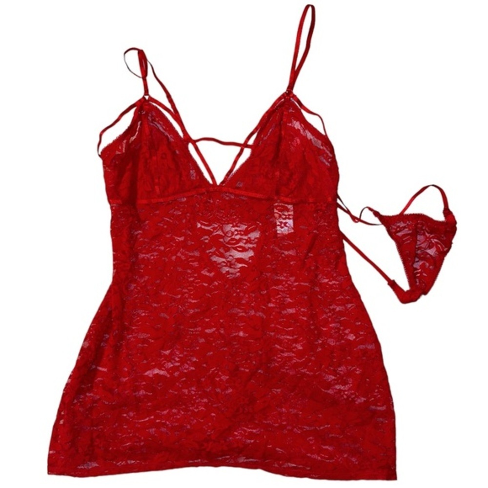 In Bloom By Janquil Red Teddy Lingerie Cage Strappy Bra Top Slip Matching Thong